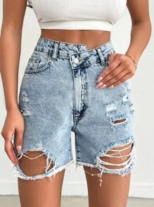 EURMUSE 100%Cotton Back Label And Belt Detailed Rigid Short - Medium Wash - View 4