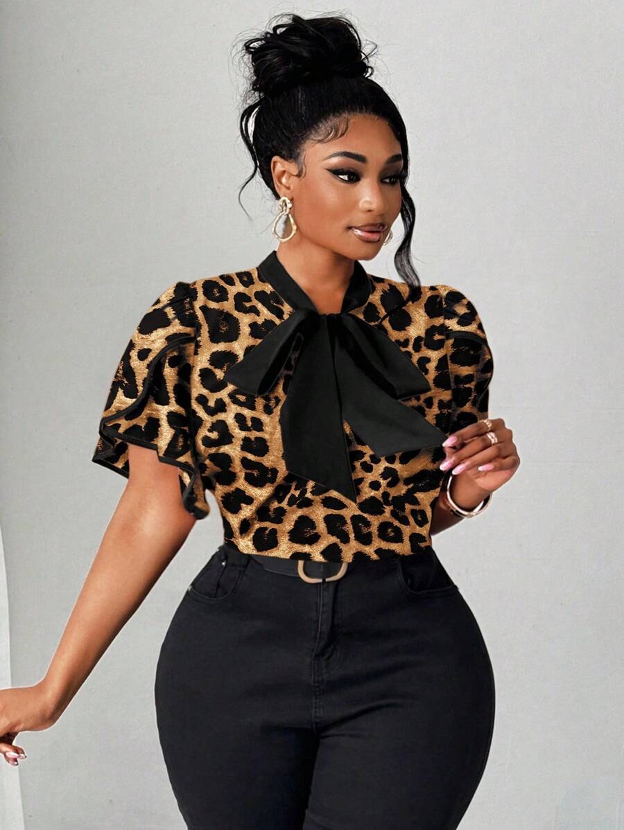 Maweii 大码女式优雅浪漫心形印花衬衫，蝴蝶结领，荷叶边和撞色边缘，适合约会和派对的全新春夏设计