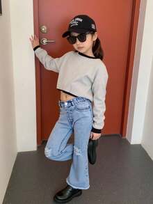 SHEIN Explorewe Young Girls' Distressed Skinny Fit Elastic Denim Jeans, Washed Light Blue, Casual & Fashionable Fall Winter Baggy Jeans Y2k Bellbottoms Jeans - Light Wash - View 6