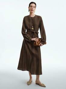 Aalyst 女士休闲纯色长袖连衣裙，前绑带设计，腰带，A 字下摆，通勤和外出百搭，秋季 - 棕色 - 查看 5
