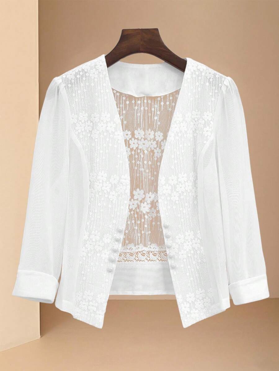 SHEIN PETITE Fashionable Lace Patchwork Cardigan, Versatile Women Lightweight Jacket Fall Winter Cloth For Women - White - View 1