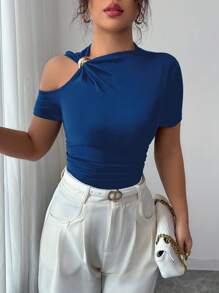 Selianne Women's Metal Decor Hollow Out Short Sleeve Fitted Fashion T-Shirt - Blue - View 3