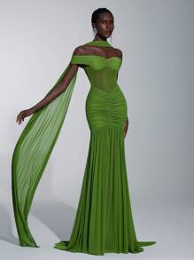 Elitara 优雅奢华橄榄绿色弹力网眼船领全荷叶边亮片伴娘礼服 - 綠色 - 查看 5