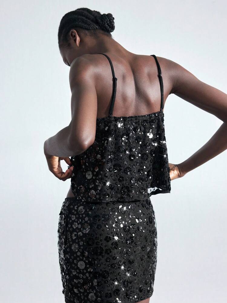 SHEIN Maija Women's Floral Sequin Elegant Camisole,Little Black Dress,Fall Women Clothes