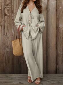 Linhara Ensemble 2 pièces, Top à manches longues et pantalon, grande taille, couleur unie, casual, automne