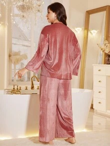 MuseNap CURVE Velvet Pajama Set Velvet Drop Shoulder Long Sleeve Top And Loose Casual Pants Plus Size Pajama Set, Cozy Outfits Velvet Pajama Set, Fall Winter Clothes - Red - View 2