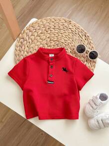 Baby Boy Casual Cute Versatile Red Collar Short Sleeve Top, Suitable For Birthday Party, Evening Party, Performance, Wedding, Baby Shower, One Month Celebration, One Year Old Celebration