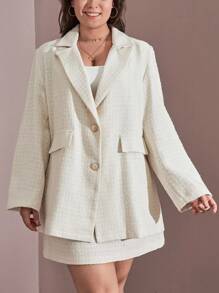 RueChic 大码翻领单排扣西装外套和裙子 - 米色 - 查看 5