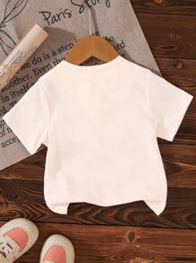 返校季女童休闲时尚创意铅笔彩色蝴蝶结卡通图案印花基础款短袖T恤 女童图案T恤 小女孩图案T恤 返校季女童衬衫 - 米色 - 查看 2