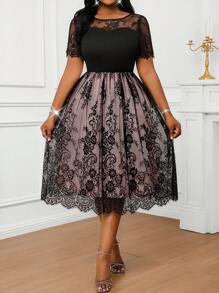 Fleurora Đầm ren chắp vá cổ tròn tay ngắn thanh lịch cỡ lớn, phù hợp cho trang phục du ngoạn mùa hè dành cho nữ, đầm trang trọng dành cho nữ - Bụi hồng - Xem 2