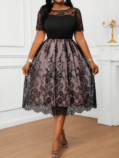 Fleurora Vestido elegante de manga corta con cuello redondo y parches de encaje, adecuado para atuendos de crucero de verano para mujeres, vestidos formales para mujeres de talla grande