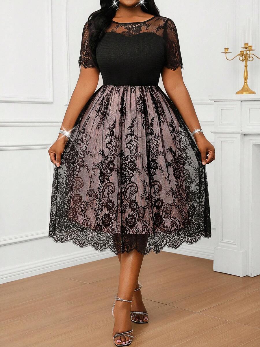 Fleurora Đầm ren chắp vá cổ tròn tay ngắn thanh lịch cỡ lớn, phù hợp cho trang phục du ngoạn mùa hè dành cho nữ, đầm trang trọng dành cho nữ