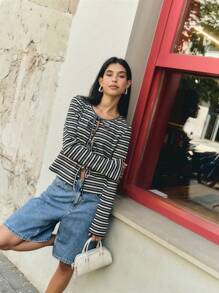 Nöista Navy-And-Cream Striped Tie-Front Cardigan-Top In Rib-Knit. Perfect For Spring-To-Fall Women Clothes, Parisian-Nautical Weekend Looks, Cozy Campus Layering, Or Breezy Café Dates-Playful, Slim-Fitting, And Effortlessly Chic All Season. - Black - View 7