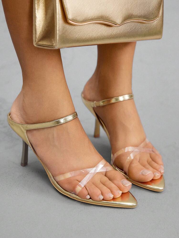 CUCCOO SZL Women's Pointed Toe Stiletto High Heel Sandals, Gold Color, Fashion For Daily Commute And Street Wear