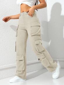 SHEIN ICON 休闲百搭纯色直筒工装牛仔裤 - 灰色 - 查看 4