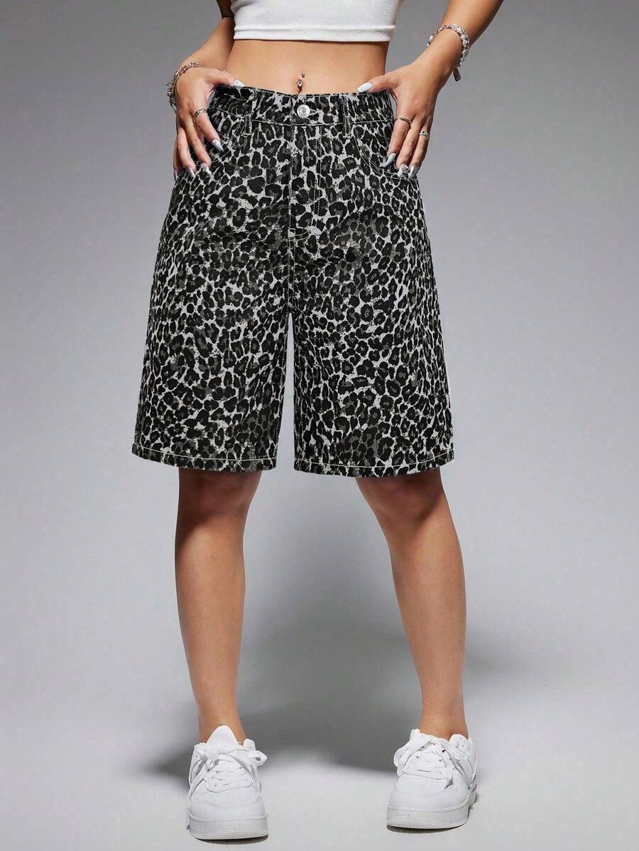 SHEIN ICON Women's Fashionable Leopard Print Denim Shorts, Summer - Multicolor - View 1