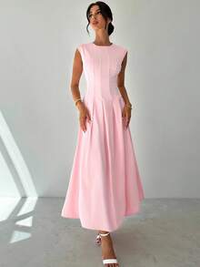 Firerie 女士优雅精致浪漫日常度假约会派对珍珠腰褶皱A字中长连衣裙，带短袖，粉色 - 粉色 - 查看 2