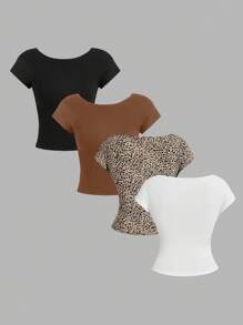 SHEIN Essnce 4入組休閒極簡圓領緊身無背女T恤，適用於夏季 - 彩色 - 查看 2