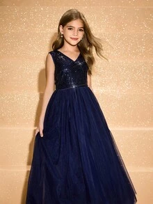 青少年女孩 V 领细肩带亮片撞色网眼腰连衣裙，优雅适合舞会、派对、学校开学典礼 - 藍色 - 查看 8