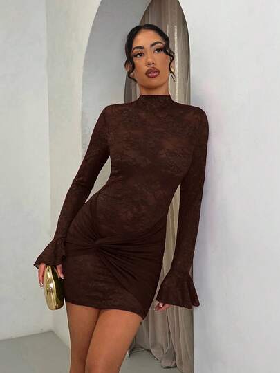 SHEIN BAE Summer Beach Vacation Solid Color Burgundy Sexy See-Through Lace Mini Dress, Suitable For Daily Dating, Night Out, Nightclubs, Parties, Get-Togethers, Cocktail Parties, Pool Parties, Back-To-School Season Clothes, School Season Dresses, Holiday Dresses, Music Festival Clothes, Country Music Festival Clothes, Concert Clothes,Fall