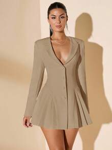 SHEIN BAE Váy xếp ly thanh lịch dành cho nữ, cổ chữ V sâu, cổ ve, cài nút phía trước, tay dài, màu trắng trơn, mùa hè - Màu Khaki - Xem 4