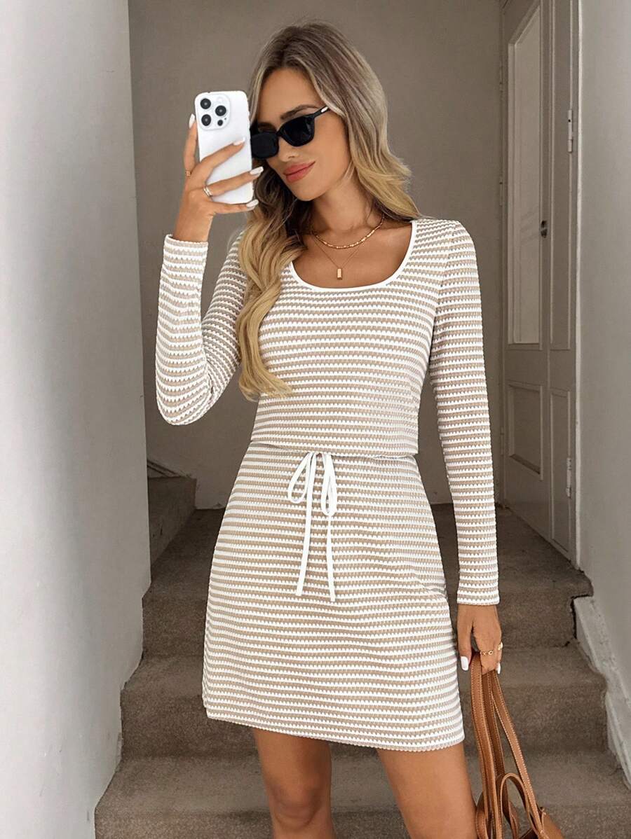 Easowa Robe courte décontractée pour femmes en tissu gaufré kaki avec taille resserrée, automne/hiver