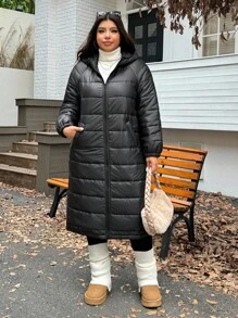 SHEIN EZwear Áo khoác dài có mũ trùm đầu cỡ lớn, đa năng cho mùa đông - màu đen - Xem 6