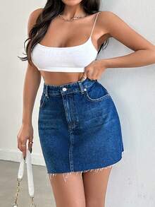 SHEIN Cottnline Váy mini denim cạp cao giặt thường ngày, mùa hè - Rửa tối - Xem 3