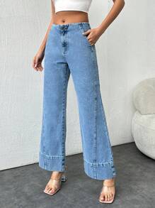 EURMUSE Medium Wash Midwaist Wideleg Cutline Detail - Medium Wash - View 3