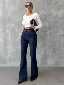 SHEIN Tall 98%Cotton Zip Front Skinny Flare Jeans TALL Women Clothing Jeans Flare Jeans Women Flared Jeans For Women - Dark Wash - View 6
