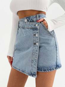 EURMUSE WOMEN MINI SKIRT MEDIUM WASH BUTTON DETAIL - Light Wash - View 7