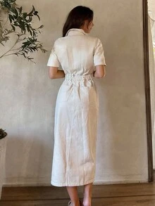 EURMUSE Flap Pocket Button Front Denim Dress - White - View 2