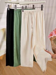 Sparklyn 3pcs Tween Girl Loose Textured Pants Set: Green Loose Textured Pants, Beige Loose Pants, And Black Textured Pants, Suitable Casual And Commuting Wear Chic For Autumn/Winter Fall - Multicolor - View 3