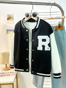 Tween Girl Letter Patched Striped Trim Drop Shoulder Varsity Jacket - Black and White - View 9