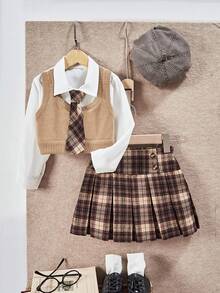 SHEIN Casuvi Kids 2pcs Young Girls Knitted Vest Shirt Combo With Vintage Plaid Pleated Skirt, Fashionable Outfit For Daily, School, Commute Girls School Uniform Outfit Plaid Skirt Outfit Toddler Back To School Outfit Toddler First Day Of School Outfit Girl Cute Toddler School Outfits Fall Winter - Multicolor - View 8