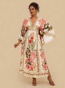 Travachic Váy dài tay loe họa tiết hoa Bohemian cỡ lớn, thắt eo, trang phục thường ngày ngày lễ, thích hợp cho các buổi đi chơi mùa thu, tiệc tùng, tụ tập - Nhiều màu - Xem 5