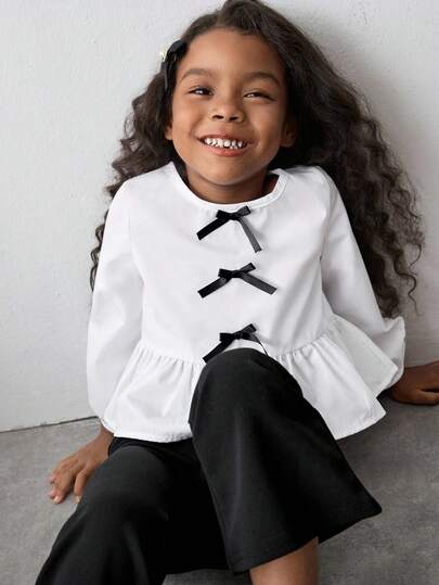 Maija Kids Maija Kids 2pcs Young Girl Bow Decor Long Sleeve T-Shirt And Pants Set Flare Pants Set Kids Girls Pants And Top Kids Girl Flare Pants Girls Flare Pants Set Kids Girl Flare Pants Set Girls Flare Pants Outfit Fall Winter