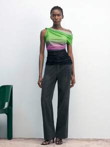 Maija Romantisches, modisches Damen-Farbverlauf-Muster-Mesh-Asymmetrisches-Ärmelloses-Top, Sommer-Romantik, Mode, vielseitig; geeignet für Sommerurlaub, bequem