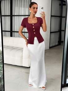 Lavishia 女士方领金属花朵纽扣背心，时尚优雅夏季女装度假休闲商务休闲可爱夏季女式衬衫 - 酒紅色 - 查看 6