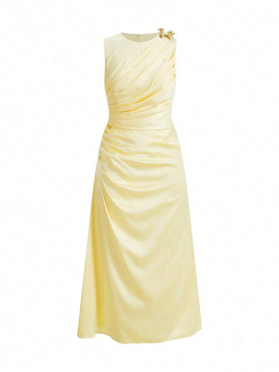 SHEIN x PRISCILA & JIMENA MOTF PREMIUM ELEGANT BUTTERFLY DECOR FOLD PLEATED MIDI DRESS, SUITABLE FOR DATES AND EVERYDAY WEAR - Yellow - View 2