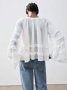 Maija Casual Elegant V-Neck Loose Ruffle Flare Sleeve White Blouse, Suitable For Spring, Summer Vacation, Music Festival, Party, Vacation - White - View 4