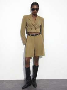 Maija Khaki Casual Work Versatile Bermuda Shorts With Pockets, Festival