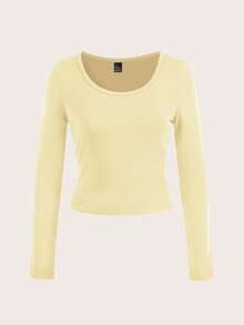 SHEIN EZwear Women's Casual Cream Yellow Crew Neck Raglan Sleeve Slim Fit Long Sleeve T-Shirt, Suitable For Autumn/Winter,Fall Tops - Yellow - View 2