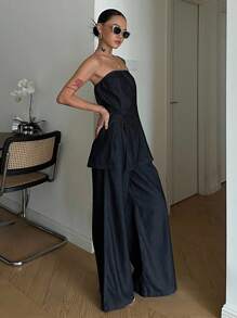 DAZY High-End Denim 2 Pieces Set With Strapless Cropped Top & Casual Pants, Chic Style - Dark Wash - View 6