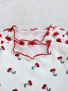 Conjunto de 4 piezas de pijama para niña bebé con cuello redondo, manga larga y volantes con estampado floral - Multicolor - Ver 3