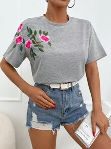 EURMUSE 100%Cotton T-Shirt With Flower Embroidery, Round Collar - Grey - View 5