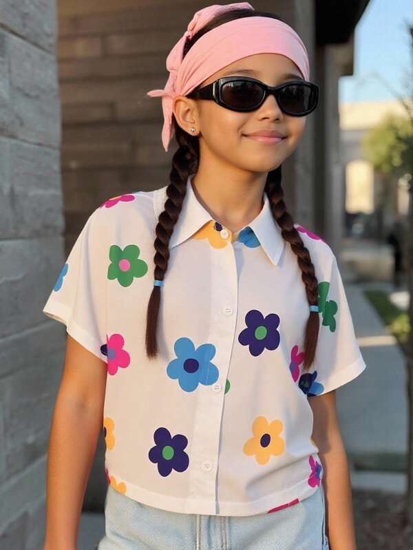 SHEIN Tween Girl Floral Short Sleeve Button Down Shirt, Loose Casual Top For Summer