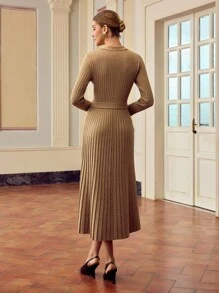 ZEYLAH Women's Solid Color Half-Zip Long Sleeve Pleated Sweater Dress Fall /Winter Clothes