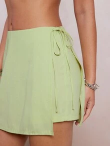 L'Amorae Women's Side Tie Closure Skort In Pastel Mint - Green - View 4