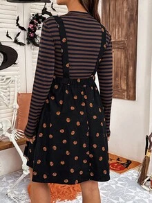 SHEIN 2件套孕妇条纹圆领长袖T恤和南瓜印花吊带裙 - 彩色 - 查看 2